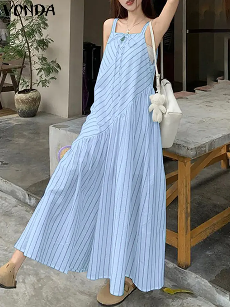 Sleeveless Summer Women Jumpsuits VONDA Fashion Sexy Loose Stripe Rompers Streetwear Party Casual Holiday Jumpsuit Oversize