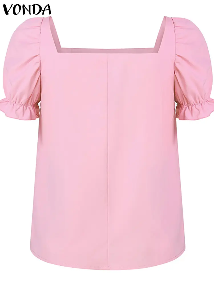 VONDA Fashion Ruffled Women Blouses 2024 Summer Solid Color Shirts Short Sleeve Tops Tunic Square Neck Casual Loose Blusa Femme