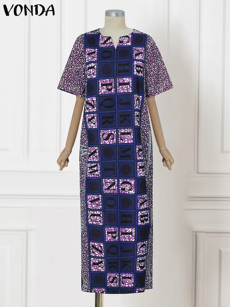 VONDA Women Bohemian Print Maxi Dress 2025 Summer Sundress Vintage Short Sleeve V Neck Long Vestidos Casual Oversized Loose Robe