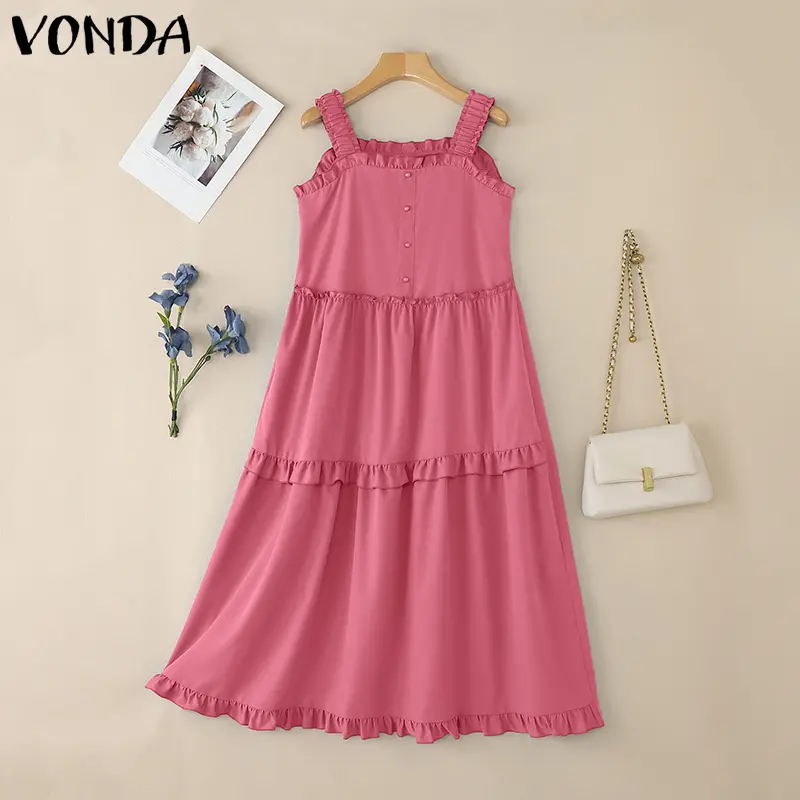 VONDA Summer Women Beach Dress Long Maxi Sundress 2025 Sexy Square Collar Solid Sleeveless Ruffled Holiday Fashion Party Vestido