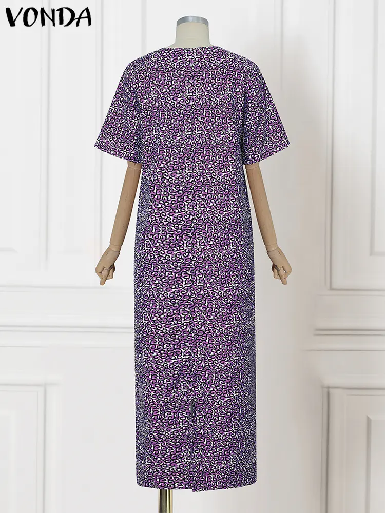 VONDA Women Bohemian Print Maxi Dress 2025 Summer Sundress Vintage Short Sleeve V Neck Long Vestidos Casual Oversized Loose Robe