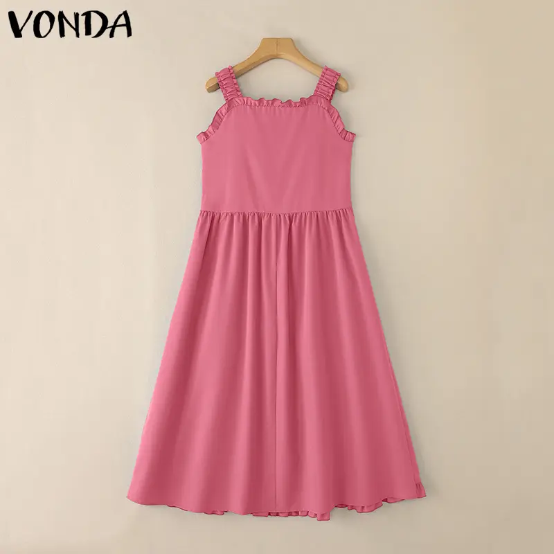 VONDA Summer Women Beach Dress Long Maxi Sundress 2025 Sexy Square Collar Solid Sleeveless Ruffled Holiday Fashion Party Vestido