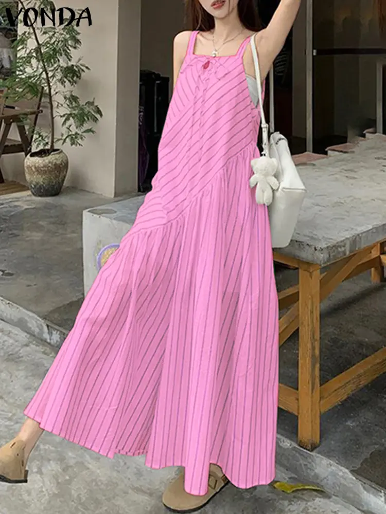 Sleeveless Summer Women Jumpsuits VONDA Fashion Sexy Loose Stripe Rompers Streetwear Party Casual Holiday Jumpsuit Oversize