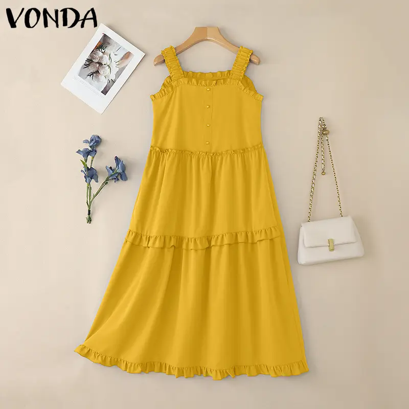 VONDA Summer Women Beach Dress Long Maxi Sundress 2025 Sexy Square Collar Solid Sleeveless Ruffled Holiday Fashion Party Vestido