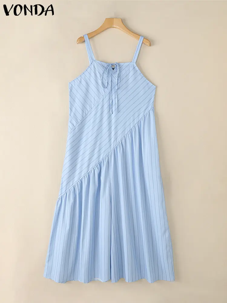 Sleeveless Summer Women Jumpsuits VONDA Fashion Sexy Loose Stripe Rompers Streetwear Party Casual Holiday Jumpsuit Oversize