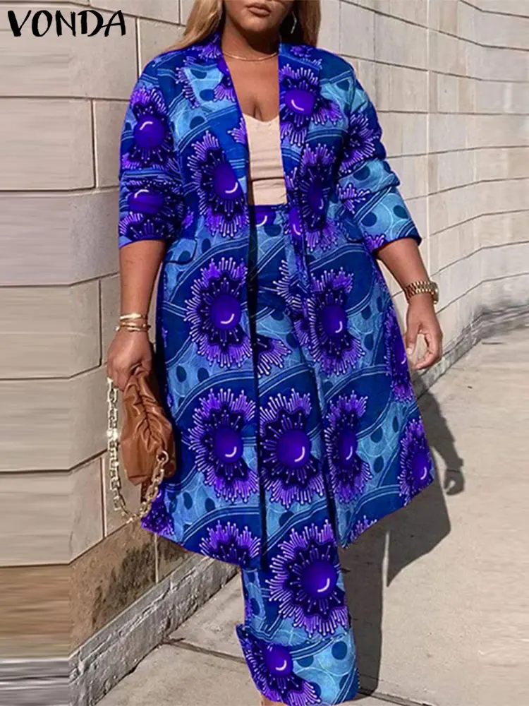 VONDA Fashion Women Long Sleeve Two Piece Suits 2024 Holiday Bohemian Printing Elegant Outfits Casual Simple Sets Oversized