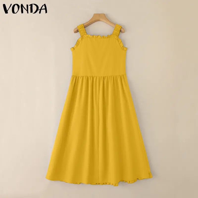VONDA Summer Women Beach Dress Long Maxi Sundress 2025 Sexy Square Collar Solid Sleeveless Ruffled Holiday Fashion Party Vestido