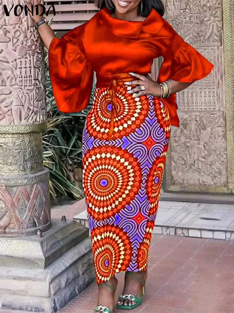 Plus Size 5XL VONDA 2025 Summer Women Satin Dress Sets Elegant Lapel Flare Sleeve Bohemian Printed Sets Casual Loose 2pcs Suits