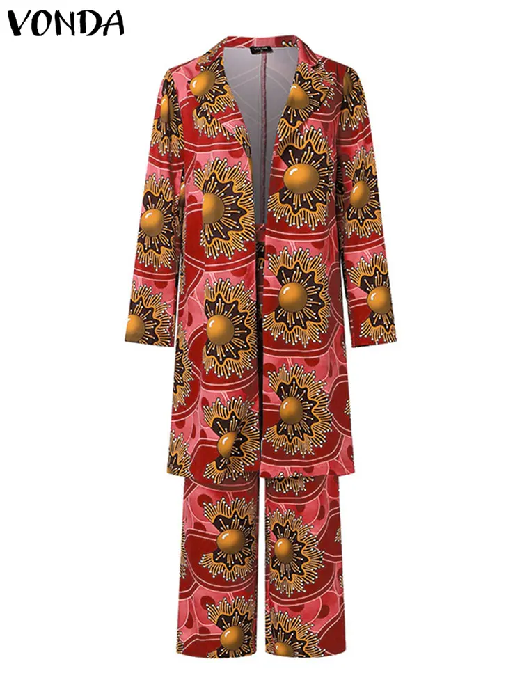 VONDA Fashion Women Long Sleeve Two Piece Suits 2024 Holiday Bohemian Printing Elegant Outfits Casual Simple Sets Oversized