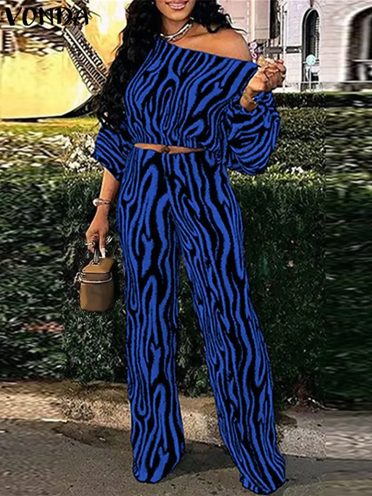 VONDA Plus Size Women High Waist Pant Sets Zebra-stripe Bohemian Printed 2PCS Long Sleeve Skew Collar Top and Pants Casual Sets
