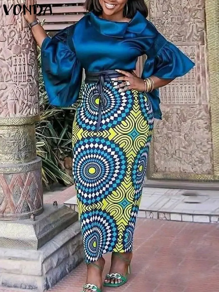 Plus Size 5XL VONDA 2025 Summer Women Satin Dress Sets Elegant Lapel Flare Sleeve Bohemian Printed Sets Casual Loose 2pcs Suits