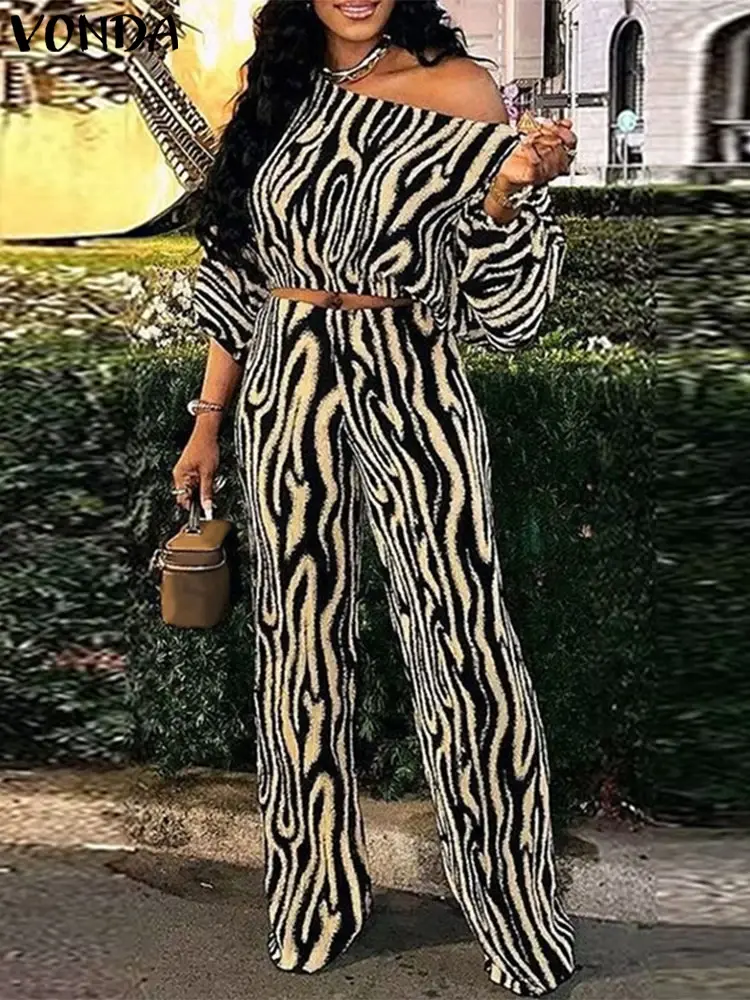 VONDA Plus Size Women High Waist Pant Sets Zebra-stripe Bohemian Printed 2PCS Long Sleeve Skew Collar Top and Pants Casual Sets