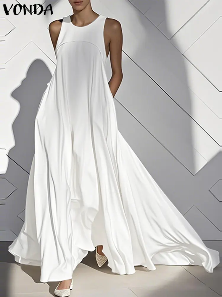 VONDA Summer Sundress 2025 Women Sexy Sleeveless Solid Color Long Dress Casual Ruffled Tank Robe Oversized Party Maxi Vestidos