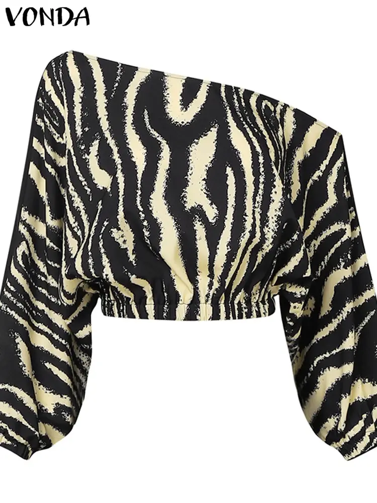 VONDA Plus Size Women High Waist Pant Sets Zebra-stripe Bohemian Printed 2PCS Long Sleeve Skew Collar Top and Pants Casual Sets