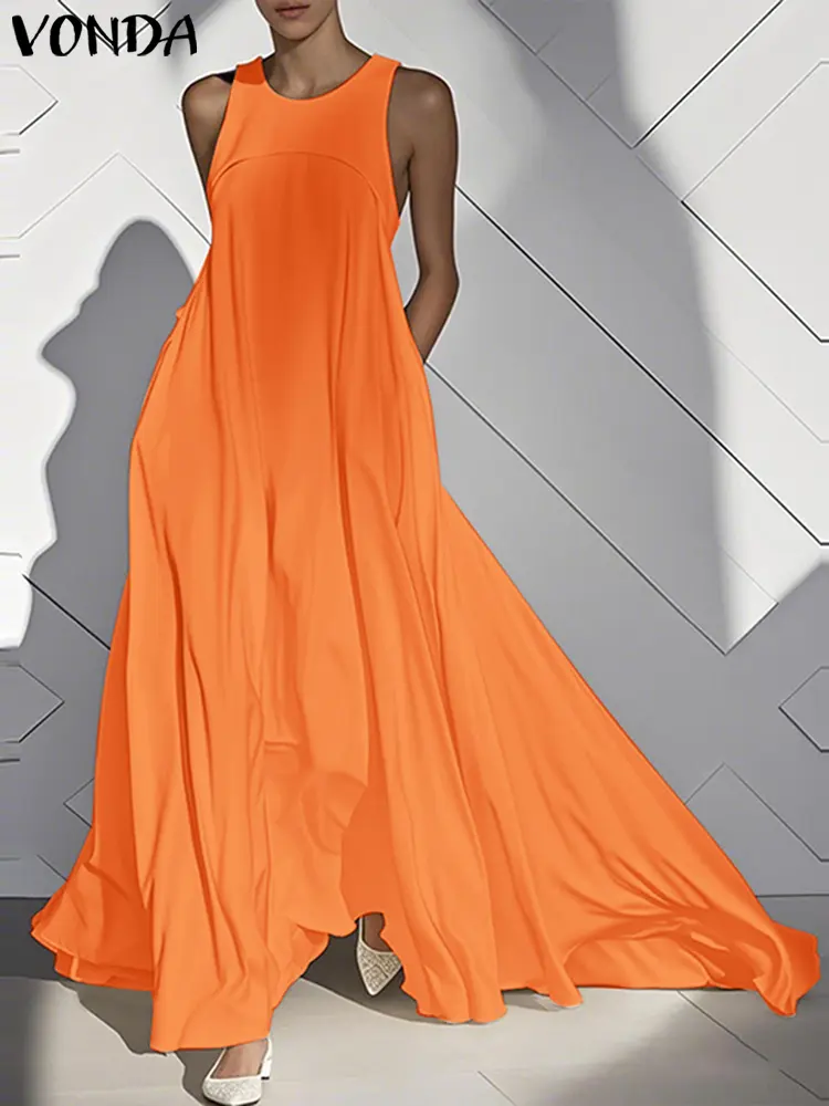 VONDA Summer Sundress 2025 Women Sexy Sleeveless Solid Color Long Dress Casual Ruffled Tank Robe Oversized Party Maxi Vestidos