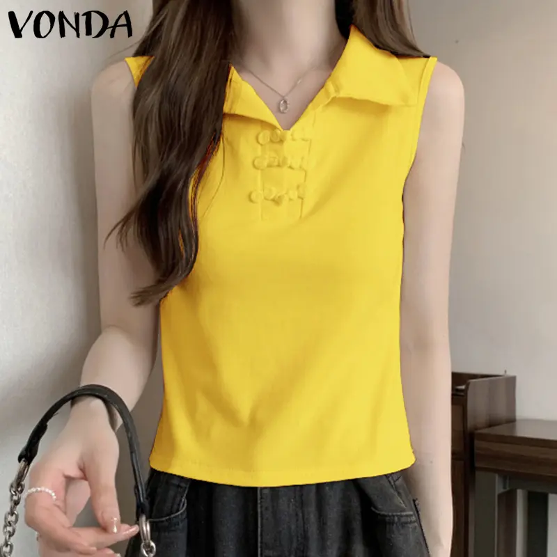 VONDA Elegant Sleeveless Shirts Women Blouse 2025 Bohemian Solid Color Summer Tops Office Ladies Blusas Femininas Oversized