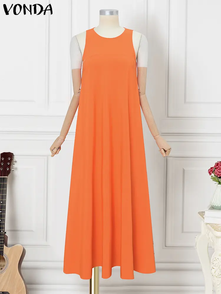VONDA Summer Sundress 2025 Women Sexy Sleeveless Solid Color Long Dress Casual Ruffled Tank Robe Oversized Party Maxi Vestidos