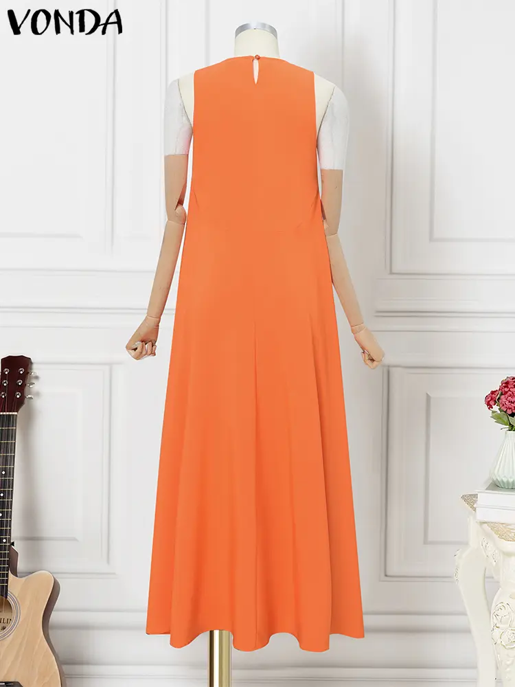 VONDA Summer Sundress 2025 Women Sexy Sleeveless Solid Color Long Dress Casual Ruffled Tank Robe Oversized Party Maxi Vestidos