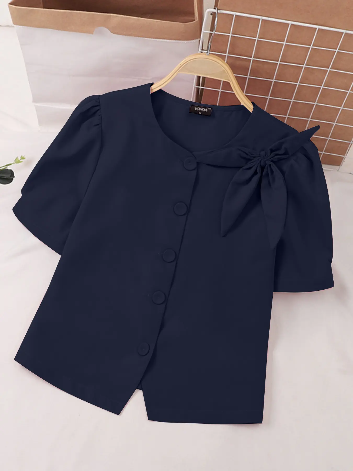 2025 VONDA Elegant Fashion Women Summer Shirts Short Sleeve Bow Blouses Casual Solid Color Buttons Tunic Tops Blusas Femininas