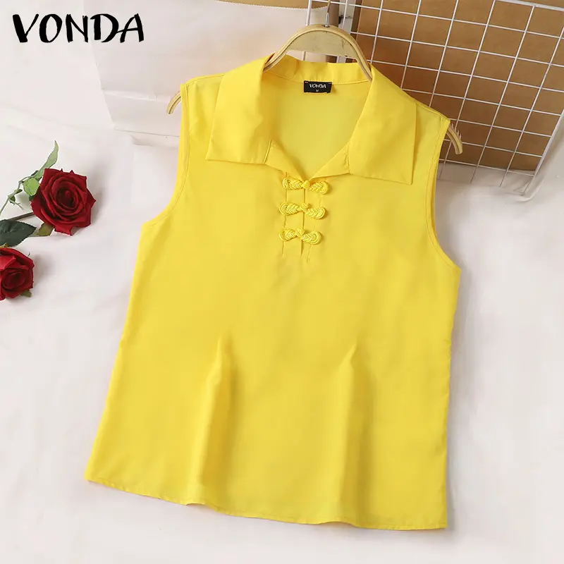 VONDA Elegant Sleeveless Shirts Women Blouse 2025 Bohemian Solid Color Summer Tops Office Ladies Blusas Femininas Oversized