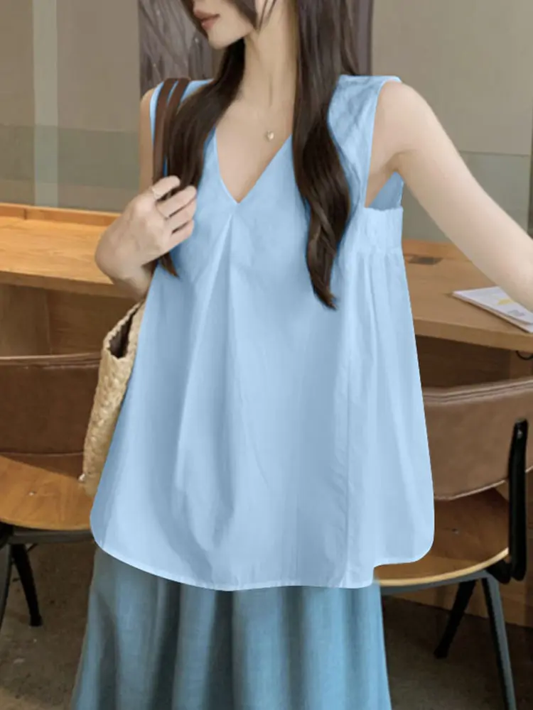 Women Summer Tunic Tops VONDA Sleeveless Tank Tops Solid Fashion Blouse 2025 Casual OL Work Shirts Female Loose V-Neck Tees