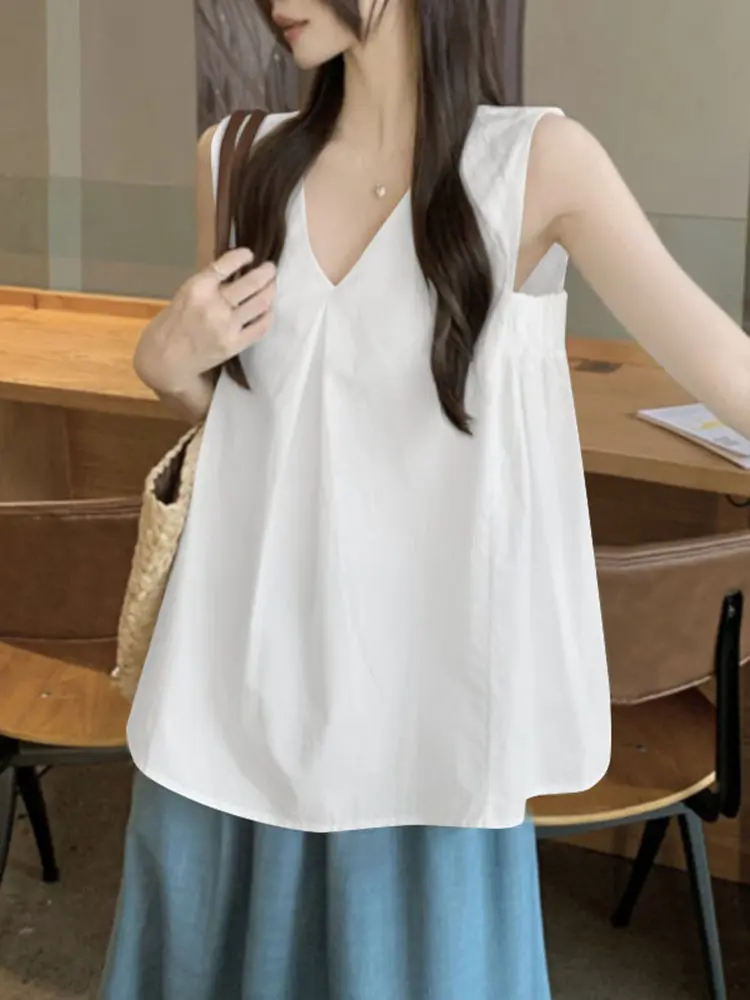 Women Summer Tunic Tops VONDA Sleeveless Tank Tops Solid Fashion Blouse 2025 Casual OL Work Shirts Female Loose V-Neck Tees
