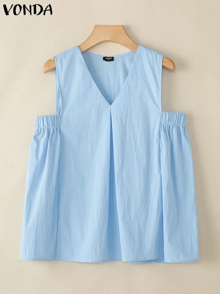 Women Summer Tunic Tops VONDA Sleeveless Tank Tops Solid Fashion Blouse 2025 Casual OL Work Shirts Female Loose V-Neck Tees