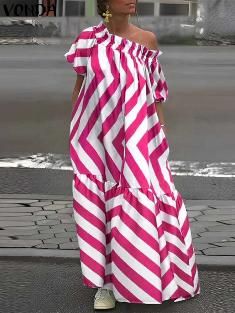 Plus Size 5XL VONDA Sexy Summer Off Shoulder Bohemian Dress 2025 Women Stripe Printed Sundress Maxi Long Vestidos Casual Robe