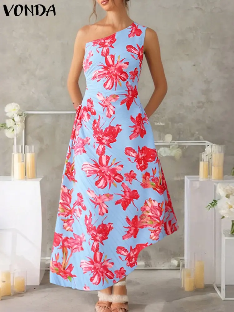 VONDA Women Sexy Long Dress 2025 Summer Off Shoulder Maxi Sundress Sleeveless Casual Pleated Bohemian Floral Print Beach Vestido