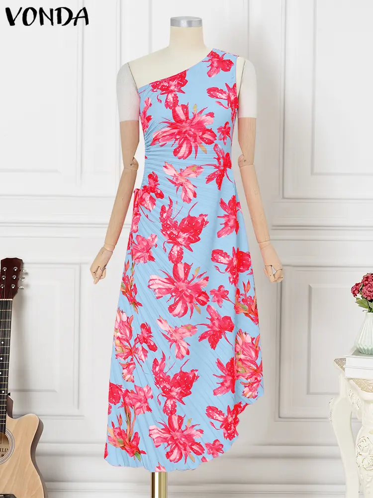 VONDA Women Sexy Long Dress 2025 Summer Off Shoulder Maxi Sundress Sleeveless Casual Pleated Bohemian Floral Print Beach Vestido