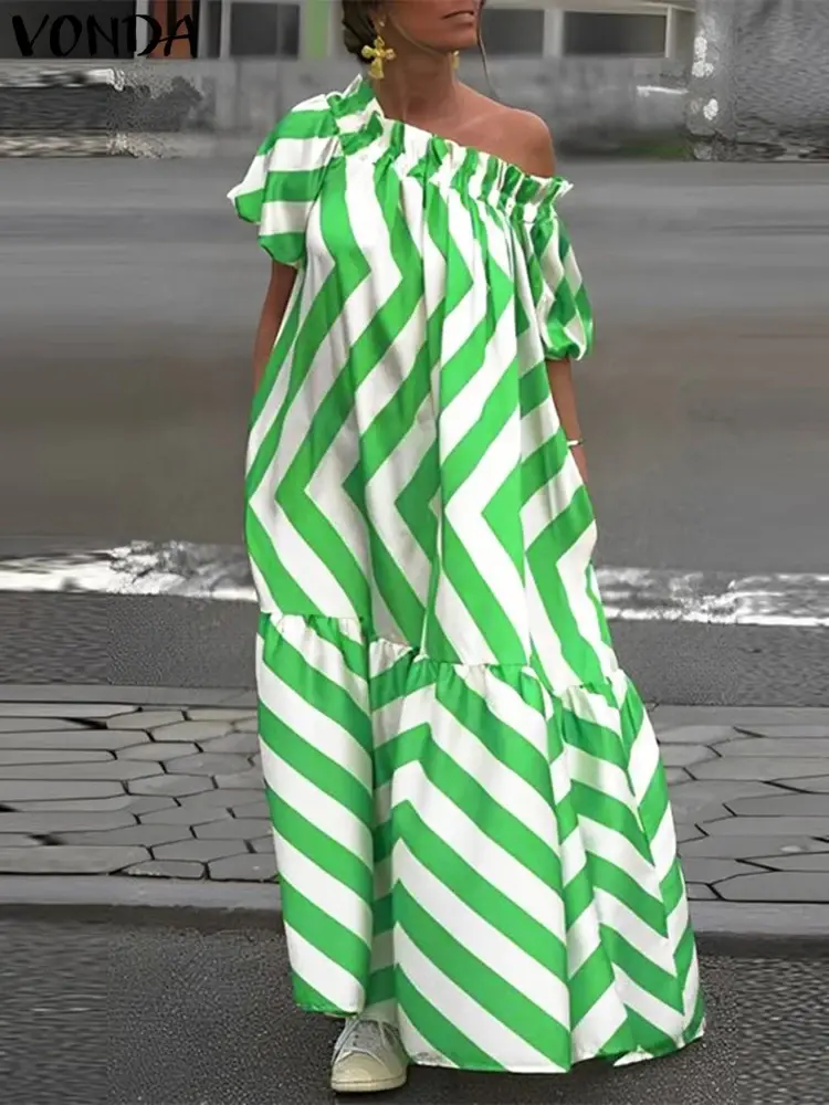 Plus Size 5XL VONDA Sexy Summer Off Shoulder Bohemian Dress 2025 Women Stripe Printed Sundress Maxi Long Vestidos Casual Robe