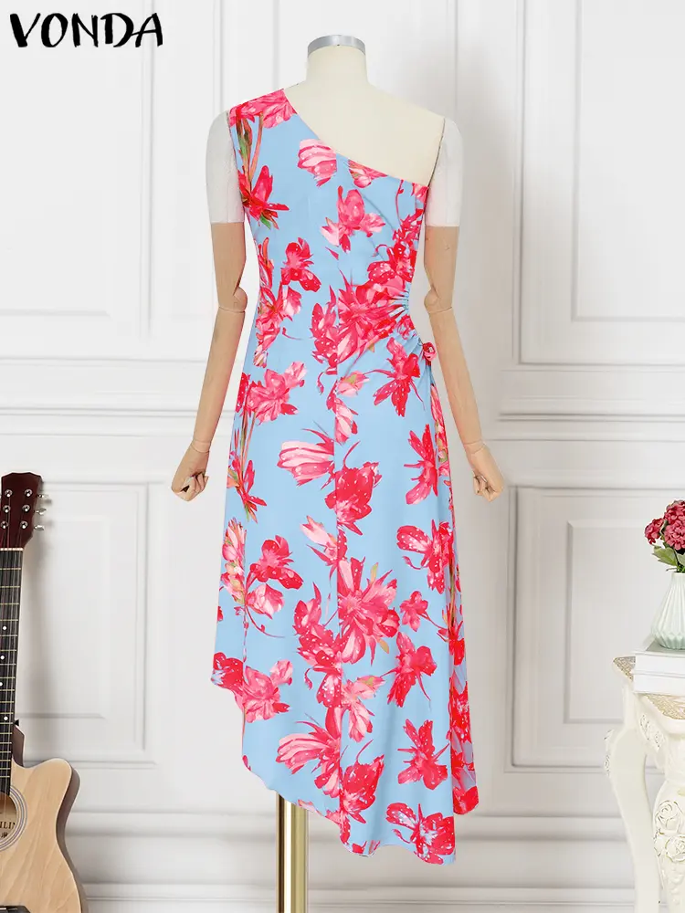 VONDA Women Sexy Long Dress 2025 Summer Off Shoulder Maxi Sundress Sleeveless Casual Pleated Bohemian Floral Print Beach Vestido