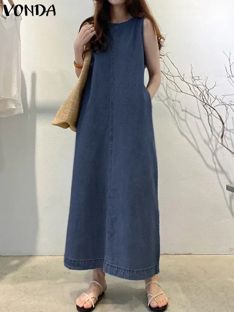 VONDA 2025 Summer Women Maxi Denim Dress Solid Sundress Pleated Vestido Loose Sleeveless A-Line Casual Robe Oversized