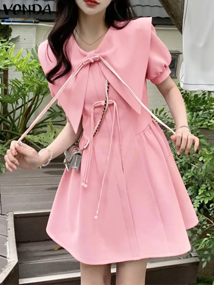 VONDA Summer Short Sleeve Women Dress Fashion Lace-up Dresses Solid Color Mini Dress A-line Streetwear Oversize Vestidos