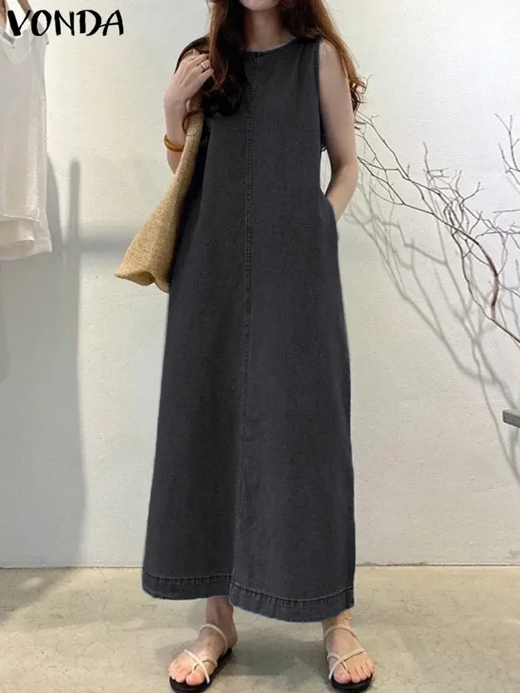 VONDA 2025 Summer Women Maxi Denim Dress Solid Sundress Pleated Vestido Loose Sleeveless A-Line Casual Robe Oversized