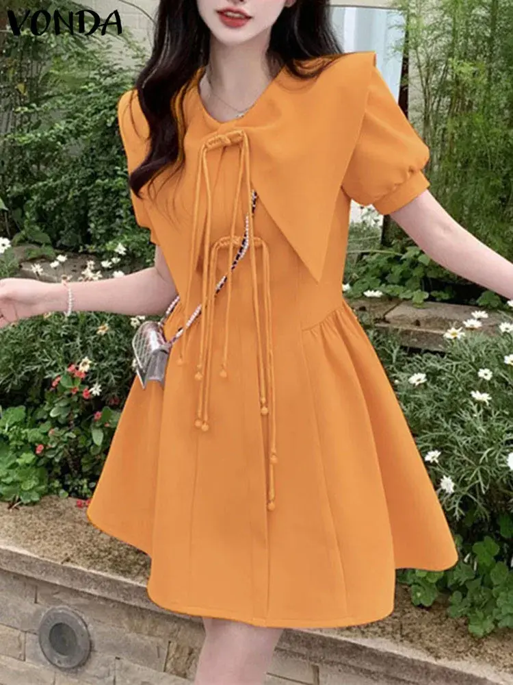 VONDA Summer Short Sleeve Women Dress Fashion Lace-up Dresses Solid Color Mini Dress A-line Streetwear Oversize Vestidos