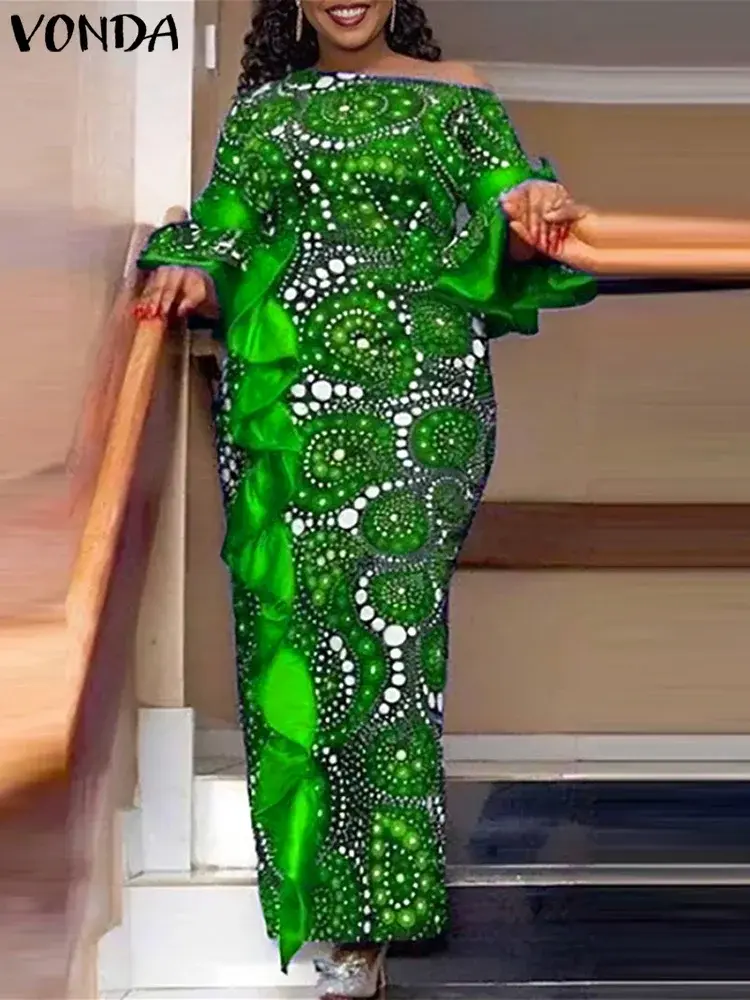 VONDA Women Summer Ruffled Maxi Long Dress Summer Bohemian Off Sholuder Vestidos 2025 Fashion Casual Printed Floor-Length Robe