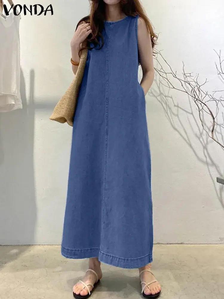 VONDA 2025 Summer Women Maxi Denim Dress Solid Sundress Pleated Vestido Loose Sleeveless A-Line Casual Robe Oversized