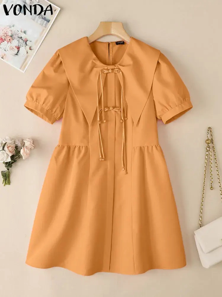 VONDA Summer Short Sleeve Women Dress Fashion Lace-up Dresses Solid Color Mini Dress A-line Streetwear Oversize Vestidos