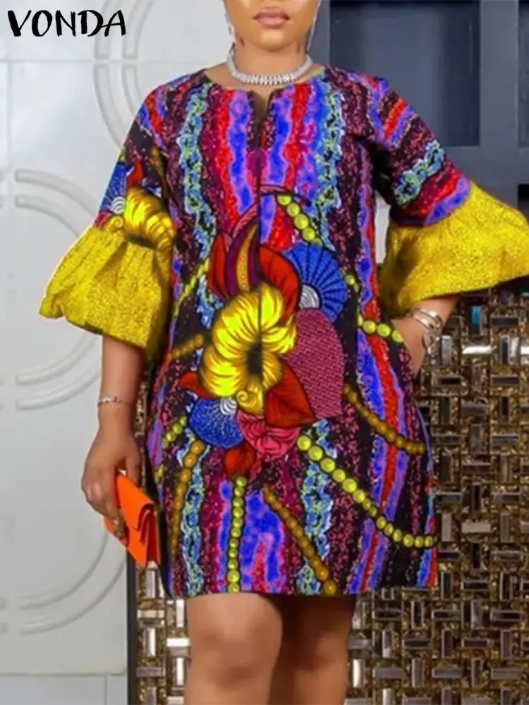 Plus Size 5XL VONDA 2025 Summer Women Dress Bohemian Printed Sundress Vintage O neck Flared Sleeve Vestido Casual Loose Robe