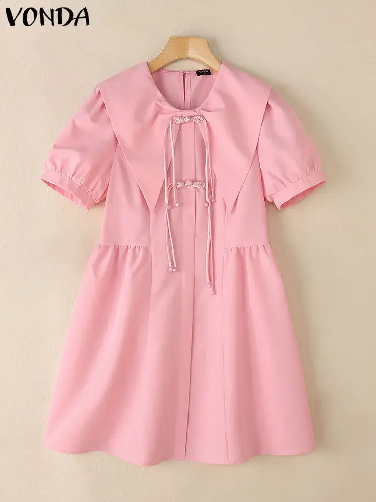VONDA Summer Short Sleeve Women Dress Fashion Lace-up Dresses Solid Color Mini Dress A-line Streetwear Oversize Vestidos