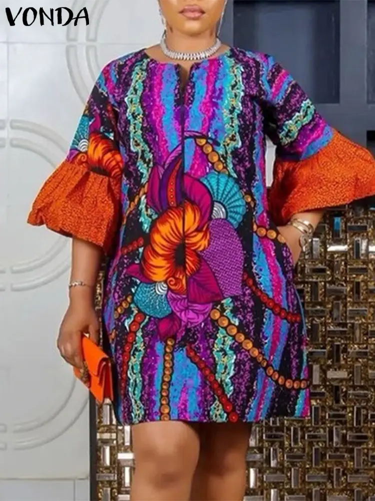 Plus Size 5XL VONDA 2025 Summer Women Dress Bohemian Printed Sundress Vintage O neck Flared Sleeve Vestido Casual Loose Robe