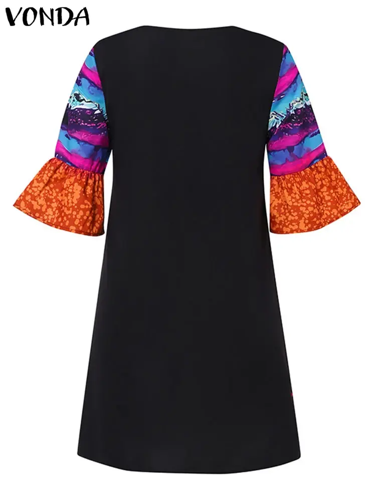 Plus Size 5XL VONDA 2025 Summer Women Dress Bohemian Printed Sundress Vintage O neck Flared Sleeve Vestido Casual Loose Robe