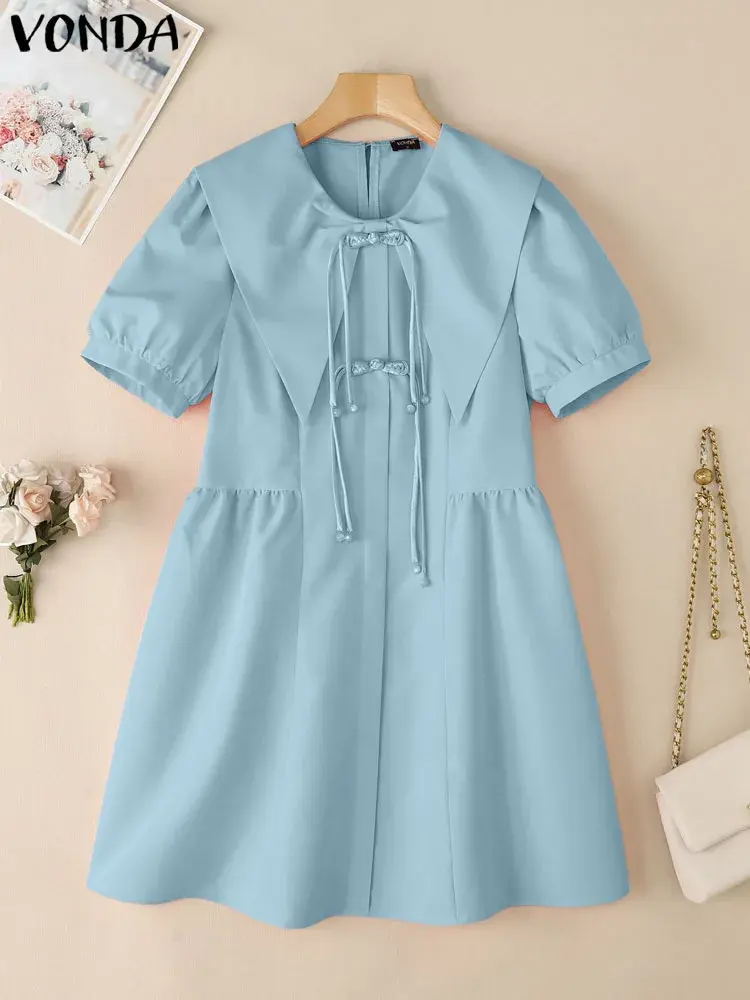 VONDA Summer Short Sleeve Women Dress Fashion Lace-up Dresses Solid Color Mini Dress A-line Streetwear Oversize Vestidos