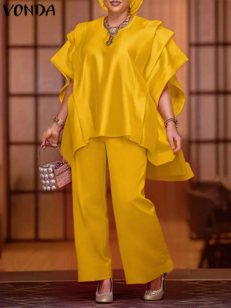 VONDA Elegant Pant Sets Women Summer Satin Solid Office Lady Sets 2025 Fashion Short Sleeve Pleated Tops and Long Pants Outfits