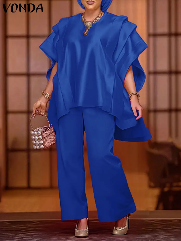 VONDA Elegant Pant Sets Women Summer Satin Solid Office Lady Sets 2025 Fashion Short Sleeve Pleated Tops and Long Pants Outfits