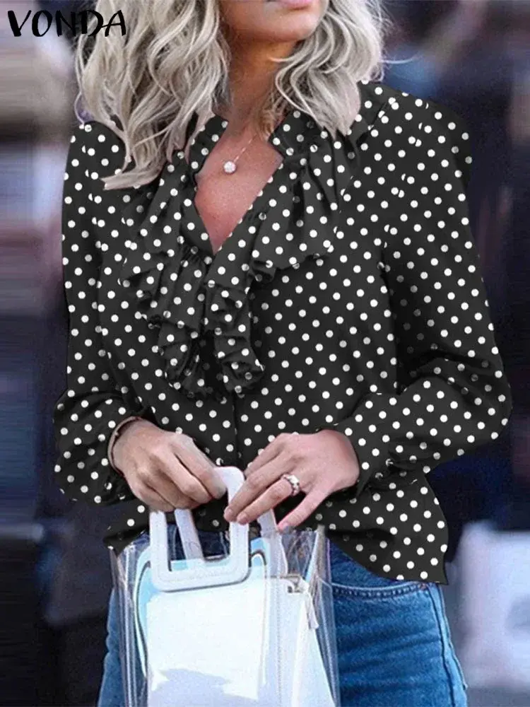 VONDA Women Bohemian Shirts 2025 Elegant Ruffle Blouse Polka Dot Tops Casual Stand Up Collar Blusas Long Sleeve Tunic