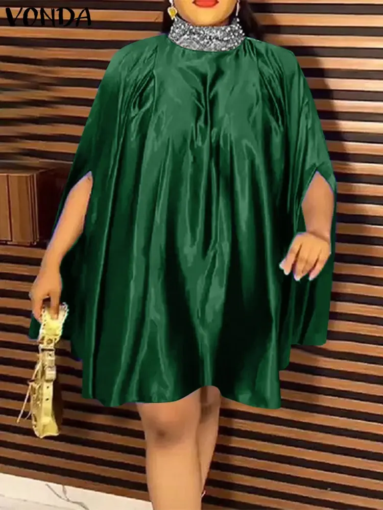 Plus Size 5XL VONDA Women Knee-Length Summer Dress 2025 Elegant Vestidos Casual Loose High Neck Sundress Oversized Solid Robe