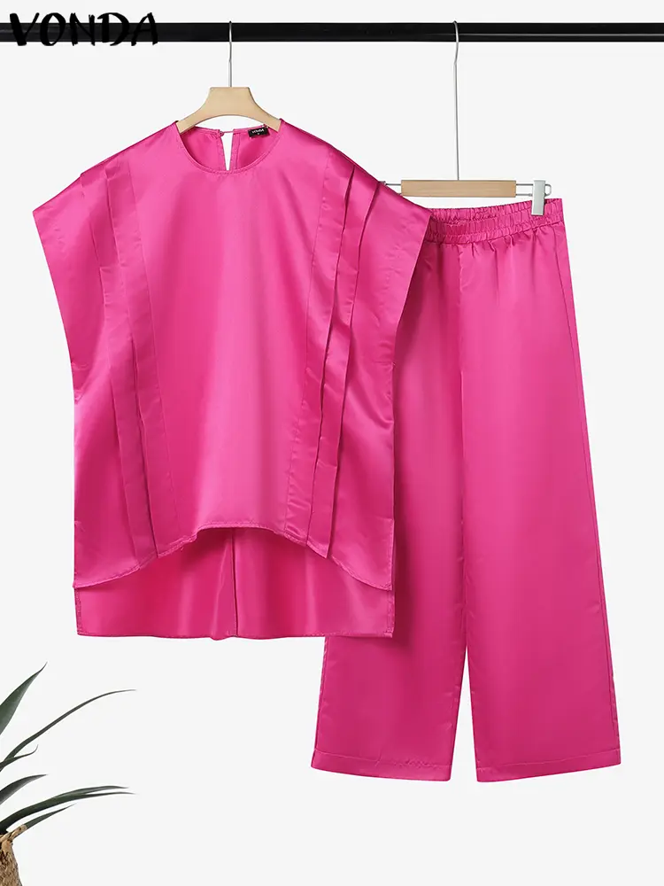 VONDA Elegant Pant Sets Women Summer Satin Solid Office Lady Sets 2025 Fashion Short Sleeve Pleated Tops and Long Pants Outfits