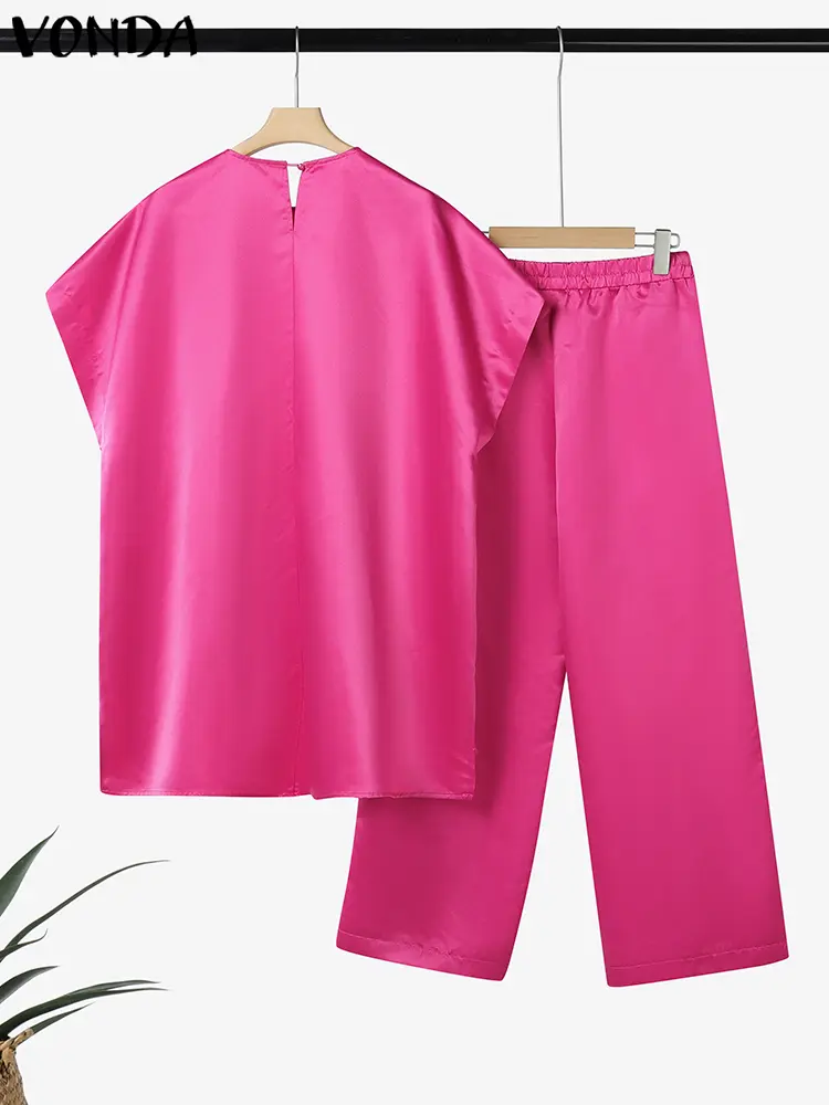 VONDA Elegant Pant Sets Women Summer Satin Solid Office Lady Sets 2025 Fashion Short Sleeve Pleated Tops and Long Pants Outfits